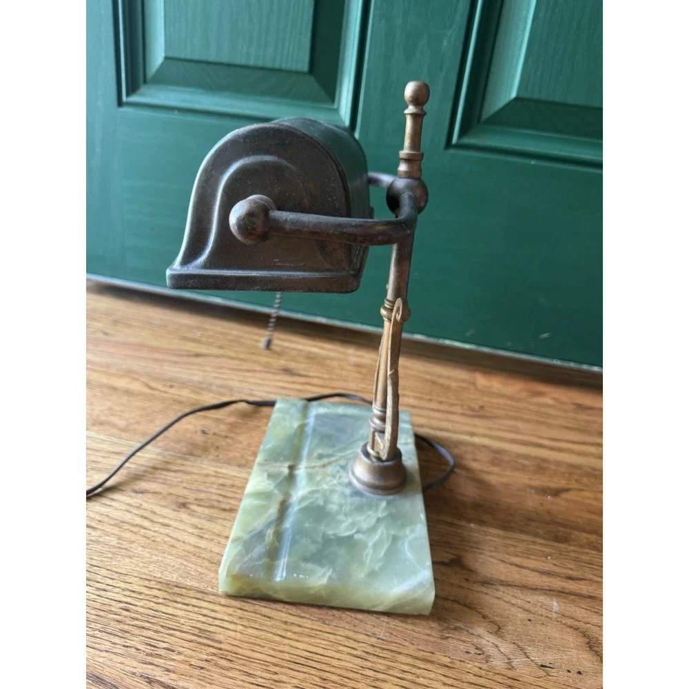 Vintage‎ Banker's Desk Lamp | Green Marble Base | Brass Lyre Stem | Mid Century